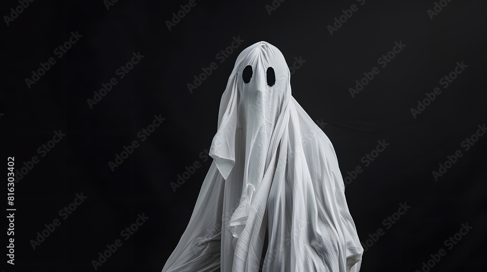 Ghost costume made from a white sheet on a black background Halloween party outfit : Generative AI Ghost costume made from a white sheet on a black background Halloween party outfit : Generative AI