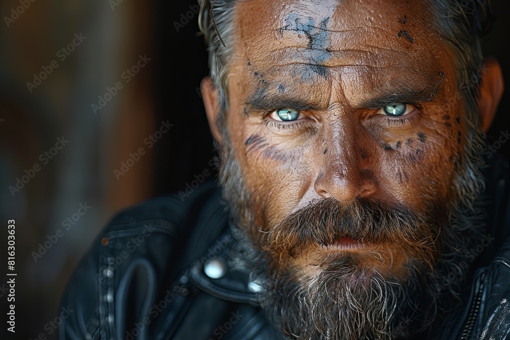 Intense Gaze: Gritty Man in Black Leather Jacket with Detailed Eyes and Beard Intense Gaze: Gritty Man in Black Leather Jacket with Detailed Eyes and Beard