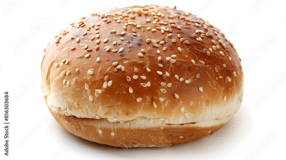 Intimate view of a classic burger bun, soft texture and sesame seeds clearly visible, perfect for showcasing its traditional appeal, isolated background Intimate view of a classic burger bun, soft texture and sesame seeds clearly visible, perfect for showcasing its traditional appeal, isolated background