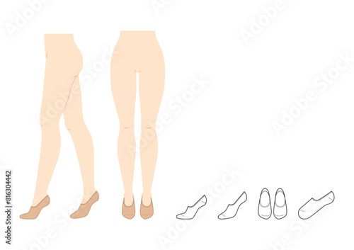 Foot, No-show socks set on women legs and CAD flat template mockup. Hosiery Fashion accessory clothing technical illustration stocking. Vector front, side view, sketch outline isolated on white