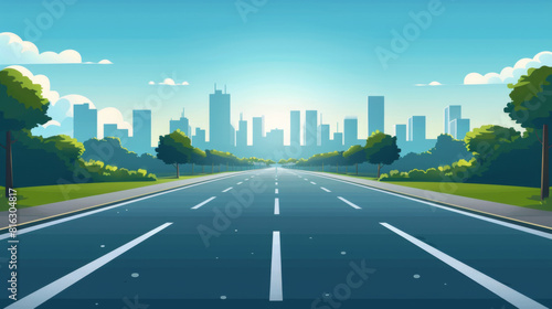 Empty urban road leading towards a modern city skyline under a clear blue sky  conveying calm and progression.