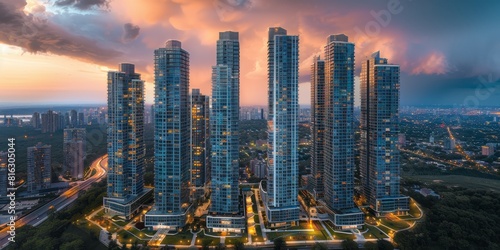 Stunning panoramic view of a modern skyline with tall skyscrapers at sunset, showcasing futuristic architecture and city lights in an urban setting