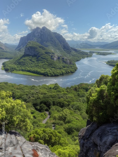 Scenic Mountainous Landscape with Serpentine River, Greenery, and Blue Sky - Ideal for Nature Enthusiasts and Travel Lovers