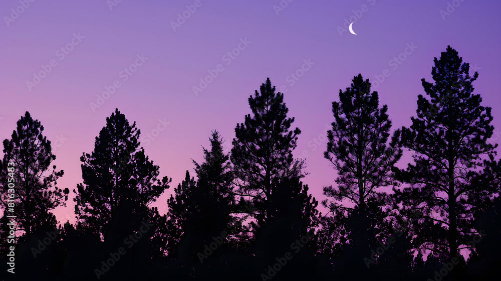 Pine trees silhouetted against purple sky with rising crescent moon : Generative AI Pine trees silhouetted against purple sky with rising crescent moon : Generative AI