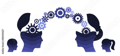 Open mind idea man, woman heads with gears vector illustration. Business infographics design to use for teamwork, brainstorming, leadership, career, motivation projects.
