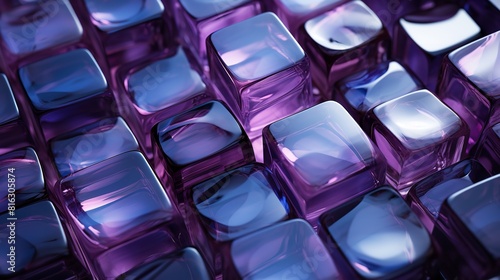 This close-up photo of purple glass beads in different shapes and sizes reveals their sparkling beauty. The beads are arranged in a way that creates a sense of depth and movement