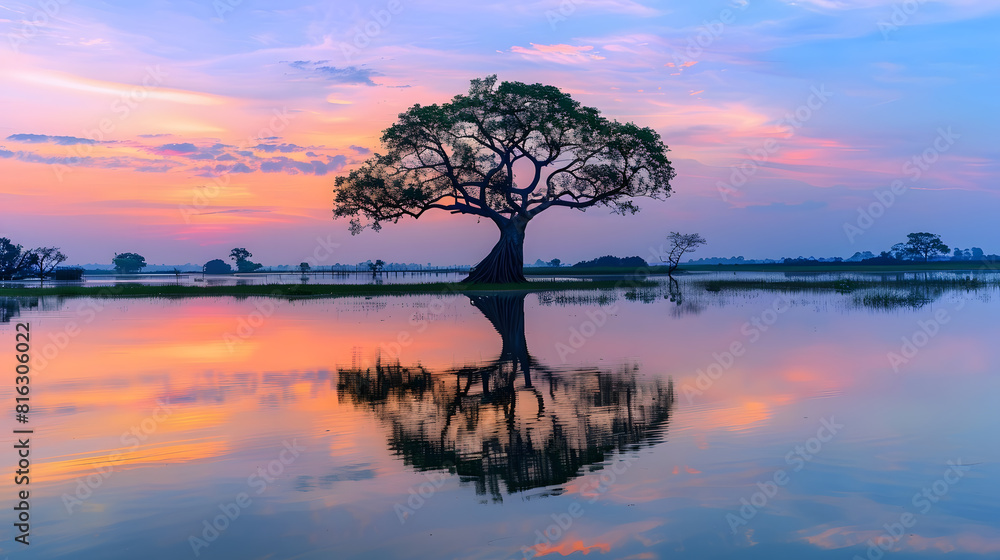 Tree reflecting in taung tha man lake near ubein bridge at sunset amarapura mandalay myanmar burma asia : Generative AI Tree reflecting in taung tha man lake near ubein bridge at sunset amarapura mandalay myanmar burma asia : Generative AI