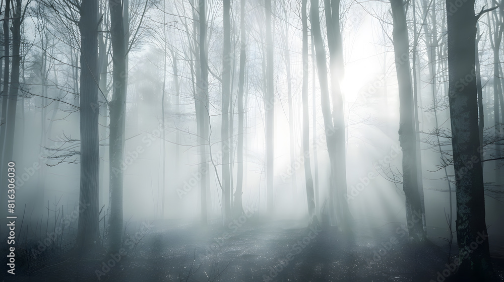 Forest covered in white fog : Generative AI Forest covered in white fog : Generative AI