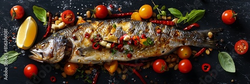 Fresh presentation of Lebanese Samkeh Harra Spicy Fish, food studio photography photo