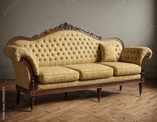 Old fashioned sofa in a plain room with wooden flooring and yellow cushions