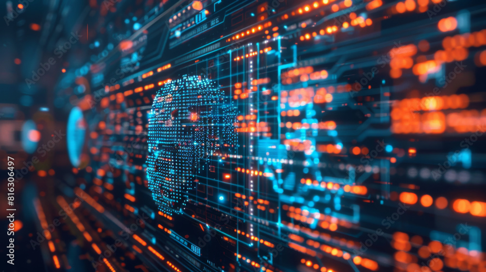 A digital screen displays advanced data visualization with glowing nodes and circuit patterns, symbolizing high-tech analysis. A digital screen displays advanced data visualization with glowing nodes and circuit patterns, symbolizing high-tech analysis.