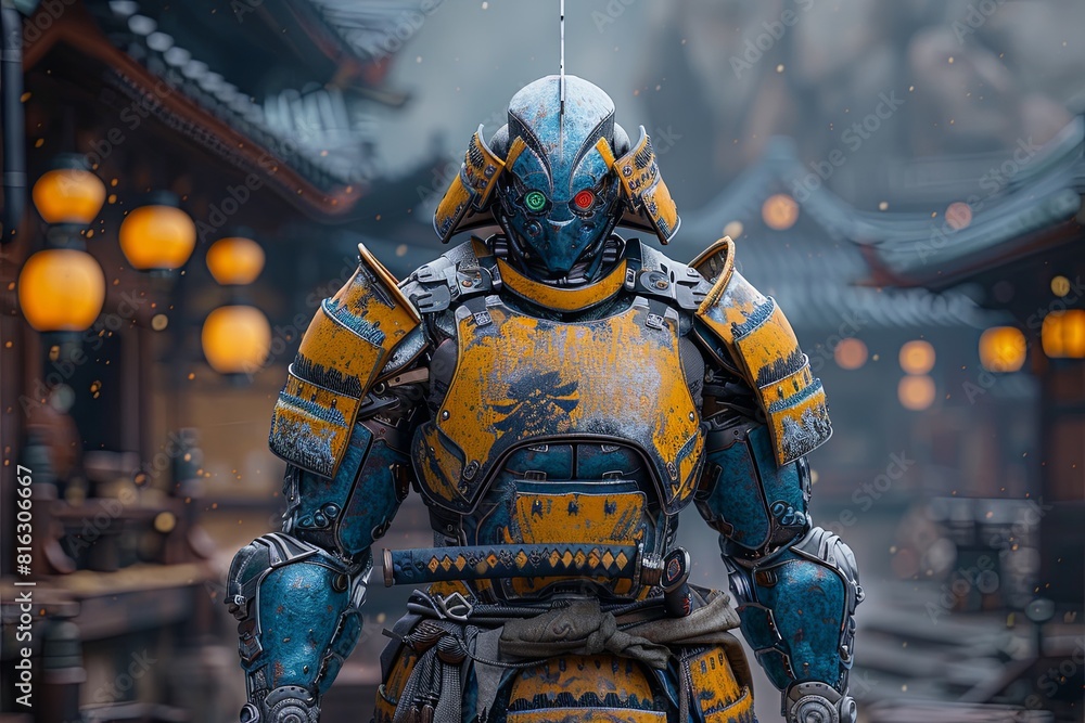 Yellow and Blue Robotic Samurai Warrior: Quad-Eyed Avatar in Dramatic Lighting Yellow and Blue Robotic Samurai Warrior: Quad-Eyed Avatar in Dramatic Lighting