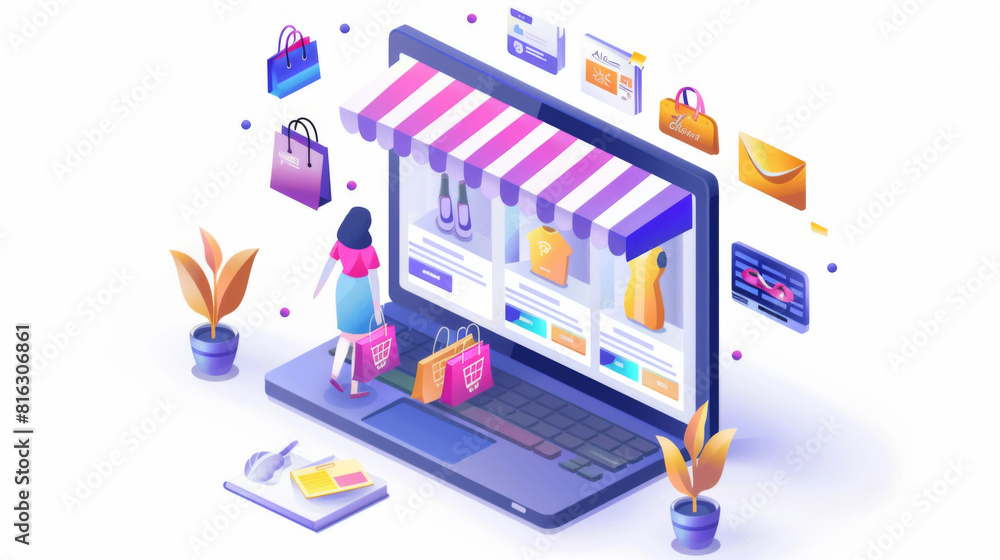 Obraz premium Isometric illustration of a woman shopping online with digital icons floating around a laptop screen.