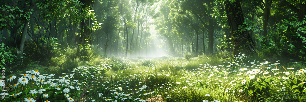 Tranquil Forest Path Illuminated by Sunlight Through Trees, Peaceful Morning Walk in a Lush Green Setting Tranquil Forest Path Illuminated by Sunlight Through Trees, Peaceful Morning Walk in a Lush Green Setting