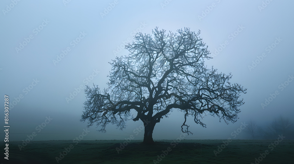 Silhouette of a bare Almond tree on a foggy overcast day creates a moody and ominous atmosphere : Generative AI Silhouette of a bare Almond tree on a foggy overcast day creates a moody and ominous atmosphere : Generative AI