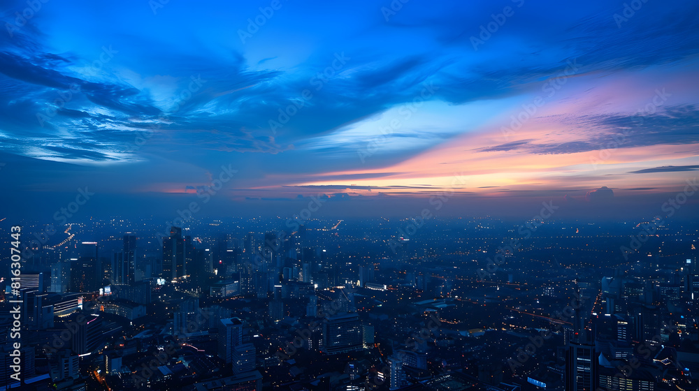 Fototapeta premium The city scenery before and at dawn the silhouette of the cityscape and the sky dyed blue : Generative AI