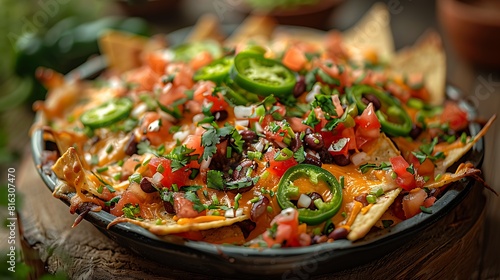 Loaded nachos with cheese  beans  and jalapenos  fresh foods in minimal style