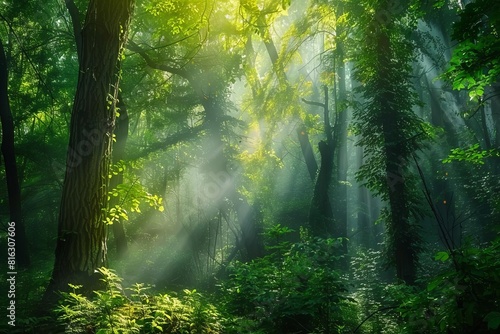 enchanted forest landscape sunbeams filtering through dense trees lush green foliage nature photography