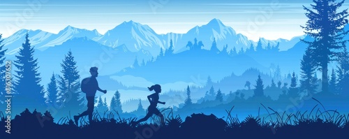 Banner - Illustration of Journey to Wellness: Silhouette of a Young Couple Running in a Misty Mountainous Landscape