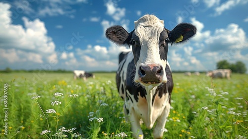 Portrait of a cow eating grass in a farm pasture