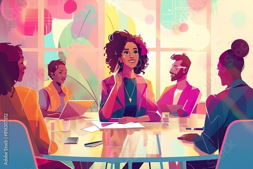 engaged businesswoman leading a productive team meeting fostering collaboration and ideas digital illustration