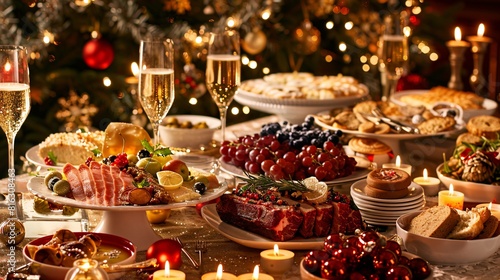 Festive Holiday Buffet Featuring a Variety of Gourmet Appetizers and Beverages
