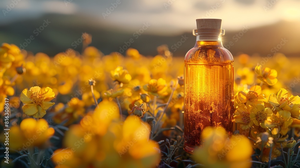 Golden hour honey bottle amidst blooming flowers Golden hour honey bottle amidst blooming flowers