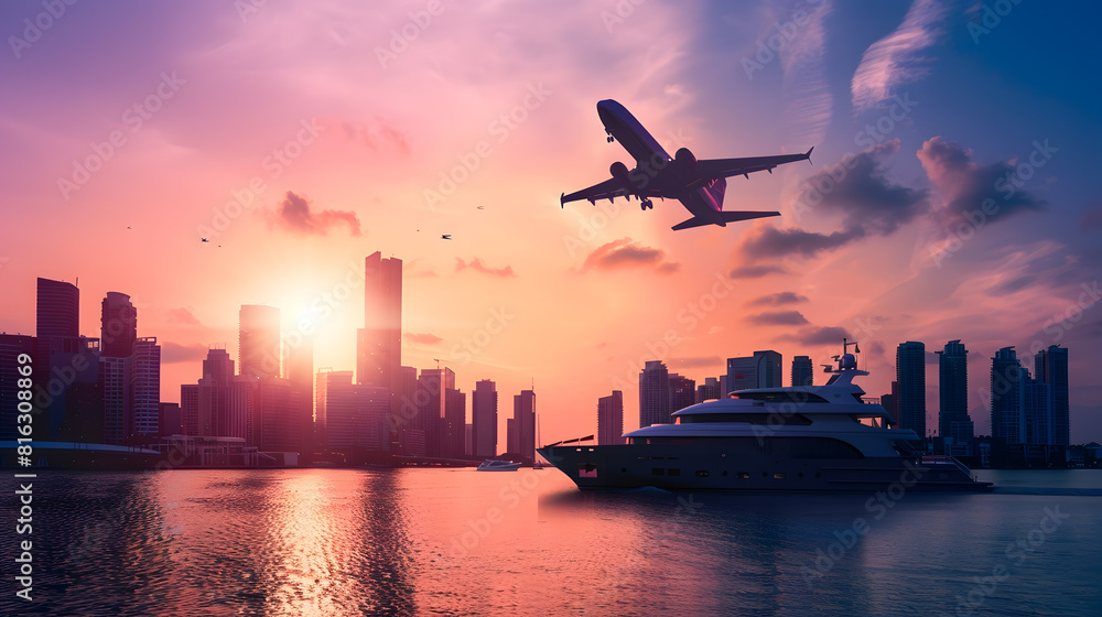 Urban landscape with silhouettes of skyscraper buildings and a city with a plane taking off in the sky in the foreground of a yacht in the bay : Generative AI Urban landscape with silhouettes of skyscraper buildings and a city with a plane taking off in the sky in the foreground of a yacht in the bay : Generative AI