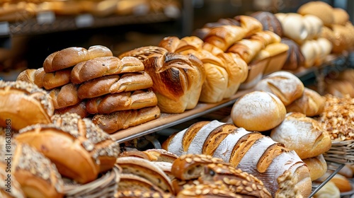Delicious pastries and breads placed on shelf at bakery shop, various of bread for selling in shop. 