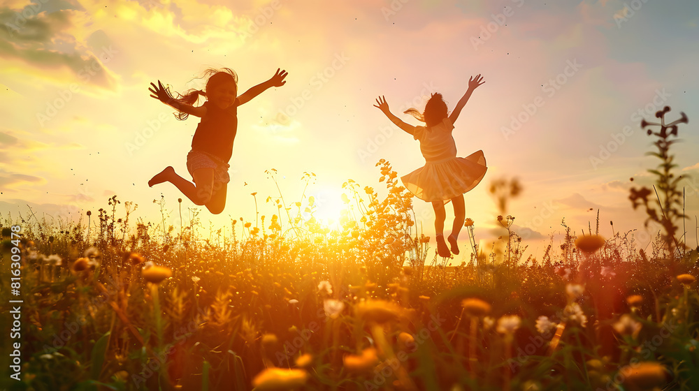 Happy children silhouettes on summer meadow running and jumping : Generative AI