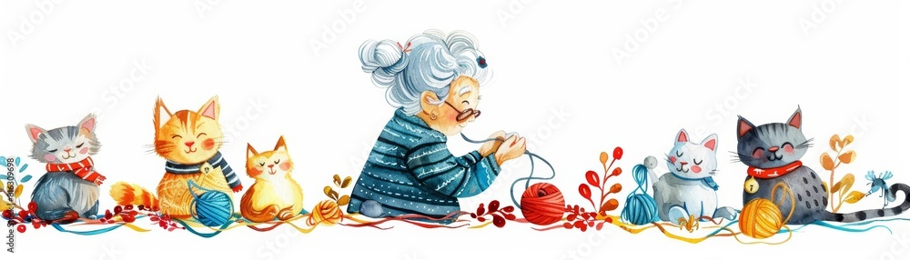 A cute watercolor of a grandmother knitting a colorful scarf, surrounded by yarns and cats, Clipart isolated on white A cute watercolor of a grandmother knitting a colorful scarf, surrounded by yarns and cats, Clipart isolated on white