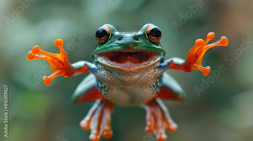 cute little green frog jumping in the air