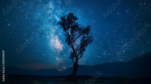 Indonesia East Java Milky Way galaxy on blue starry night sky over silhouette of lone tree in Bromo Tengger Semeru National Park : Generative AI