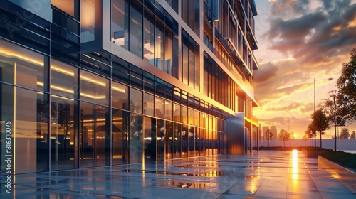 Modern Architecture at Dusk: Glass FaÃ§ade Reflections photo