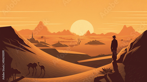 A vintage poster depicting a wanderlust traveler standing at the edge of a cliff overlooking a vast desert landscape  with a solitary camel resting nearby  the golden sun setting behind distant sand d