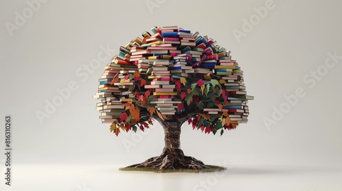 Vibrant Tree Sculpture Made from Colorful Books and Leaves, Artistic Still Life