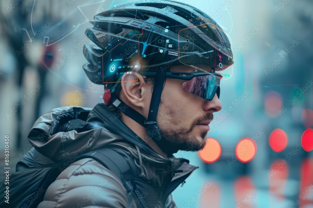 A cyclist uses an augmented reality helmet that displays navigation and health metrics, perfect for an active lifestyle technology banner A cyclist uses an augmented reality helmet that displays navigation and health metrics, perfect for an active lifestyle technology banner
