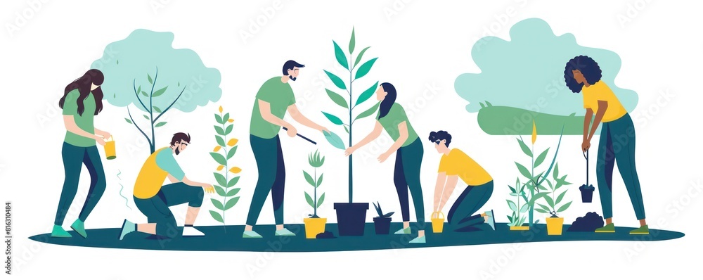 Fototapeta premium Illustration of community Effort in Nature Conservation: Volunteers Planting Trees to Foster a Greener Future
