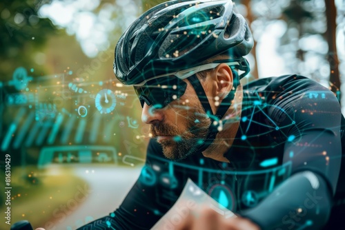 A cyclist uses an augmented reality helmet that displays navigation and health metrics  perfect for an active lifestyle technology banner