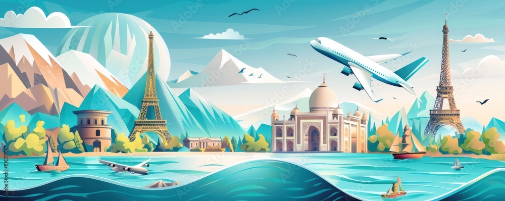 Escape to Paradise: Vibrant Illustration of Airplane Flying Over Tropical Island at Sunset Escape to Paradise: Vibrant Illustration of Airplane Flying Over Tropical Island at Sunset