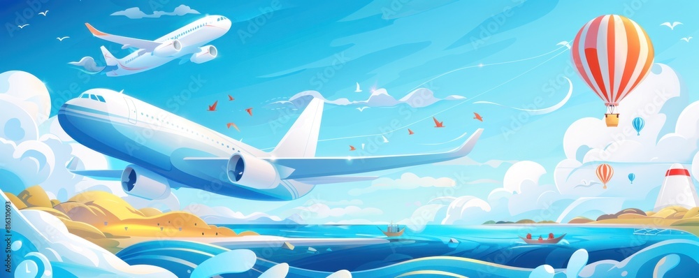 Escape to Paradise: Vibrant Illustration of Airplane Flying Over Tropical Island at Sunset Escape to Paradise: Vibrant Illustration of Airplane Flying Over Tropical Island at Sunset