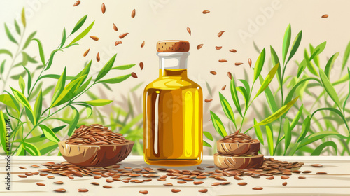 Illustrative depiction of a bottle of flaxseed oil surrounded by flaxseeds against a plant background.