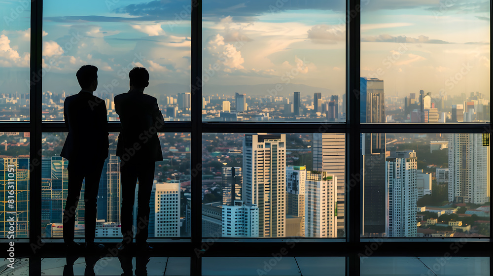 Back view silhouettes of two business partners looking thoughtfully out of a office window in situation of bankruptcyteam of businesspeople in fear or risk watching cityscape from skys : Generative AI Back view silhouettes of two business partners looking thoughtfully out of a office window in situation of bankruptcyteam of businesspeople in fear or risk watching cityscape from skys : Generative AI