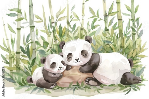 A kawaii watercolor of a panda family enjoying a lazy day in a bamboo grove  Clipart isolated on white