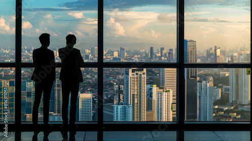 Back view silhouettes of two business partners looking thoughtfully out of a office window in situation of bankruptcyteam of businesspeople in fear or risk watching cityscape from skys : Generative AI © Generative AI