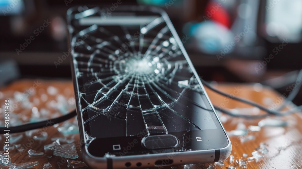 The image shows a broken smartphone with a shattered screen. The phone ...