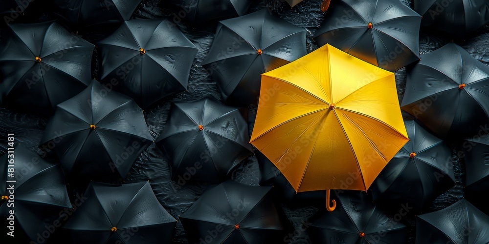 The image shows a yellow umbrella in a sea of black umbrellas The image shows a yellow umbrella in a sea of black umbrellas