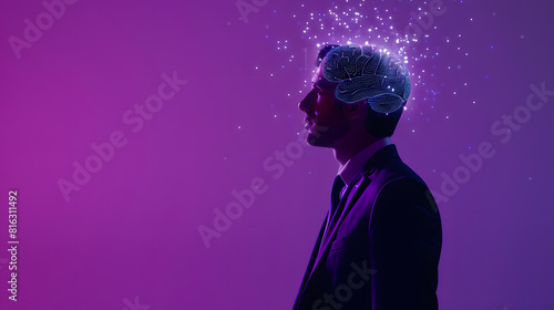 Contemporary art collage Silhouette of businessman in stylish suit with digital brain scheme isolated over purple background Technoloy era Artificial intelligence cybernetic mind conce : Generative AI photo