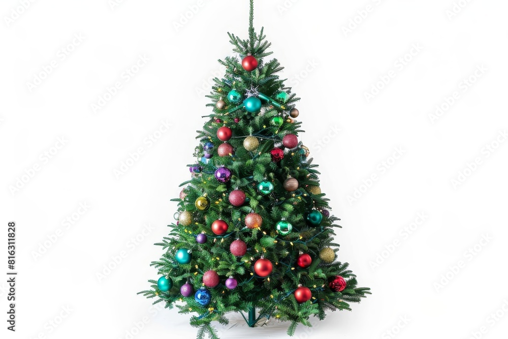 festive christmas tree with colorful ornaments and lights isolated on white photo