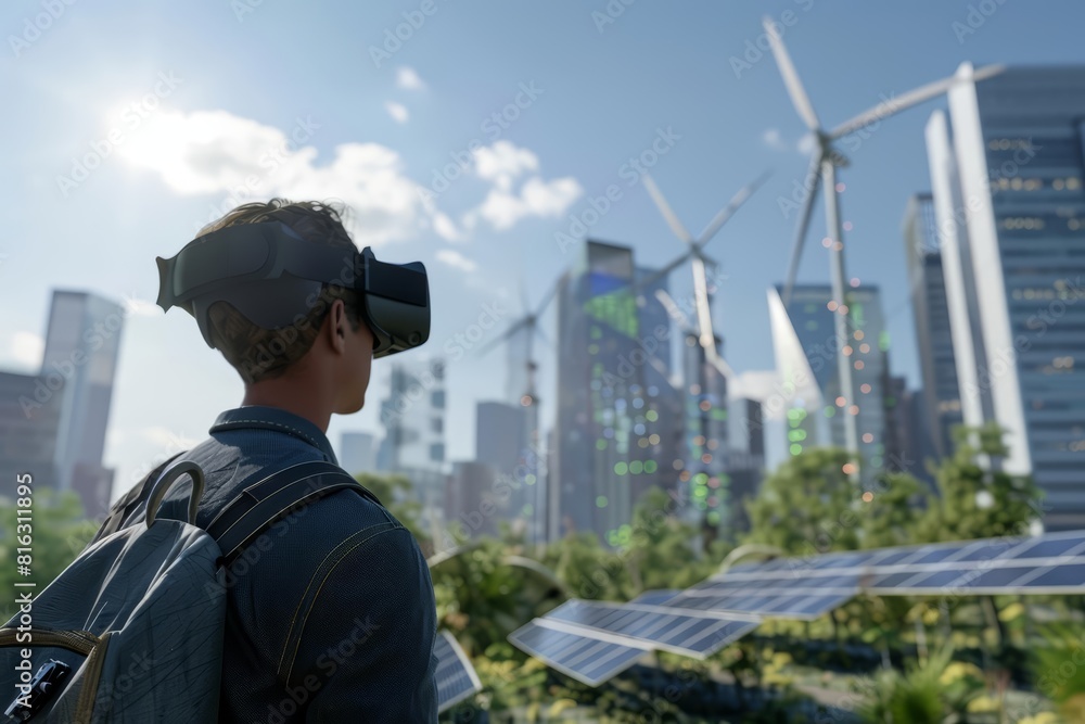 A renewable energy consultant uses VR to demonstrate the impact of solar panels and wind turbines in urban settings, perfect for an energy solutions banner A renewable energy consultant uses VR to demonstrate the impact of solar panels and wind turbines in urban settings, perfect for an energy solutions banner